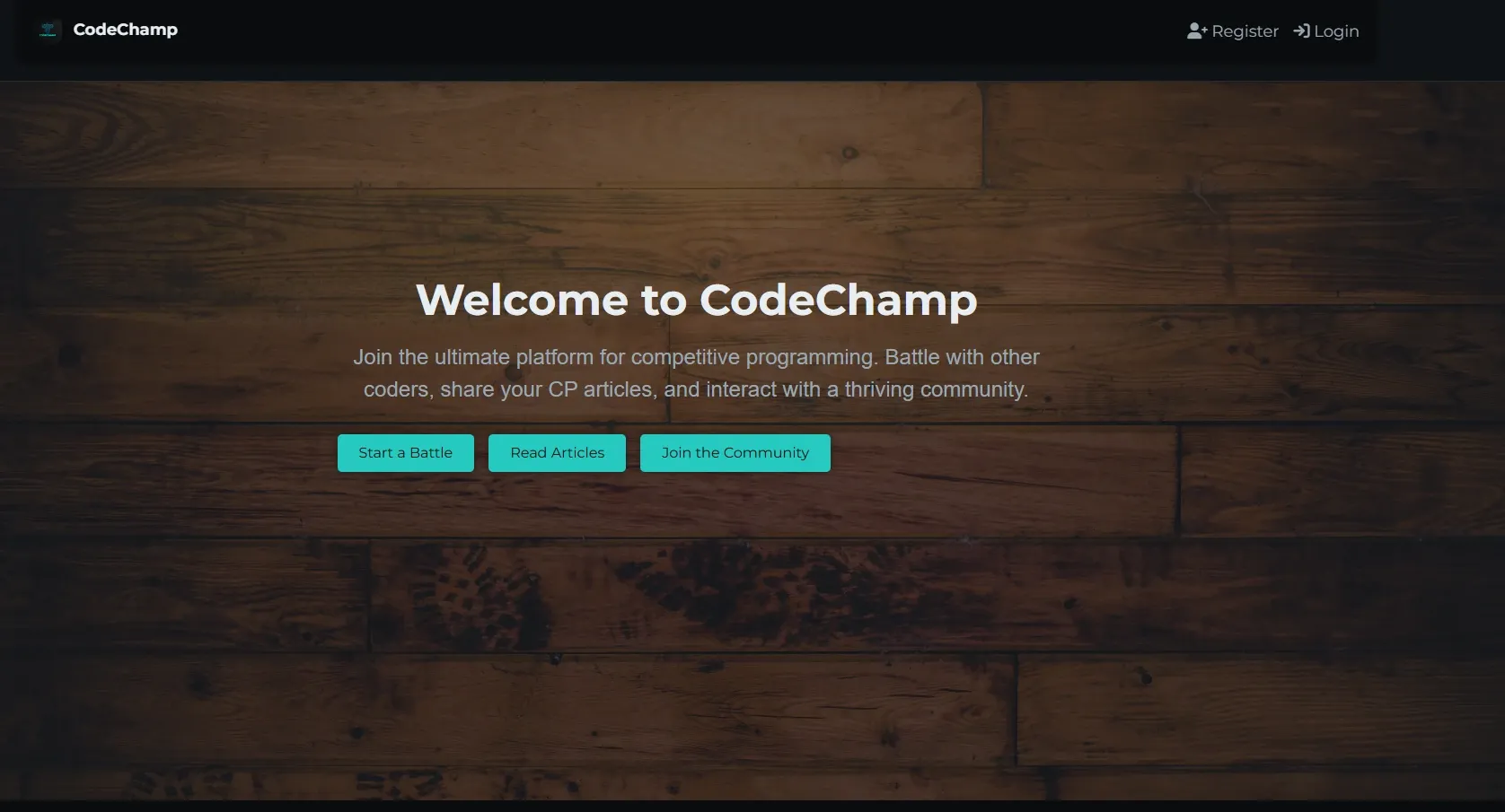 CodeChamp’s home page, with buttons to start a battle, read articles and join the community.