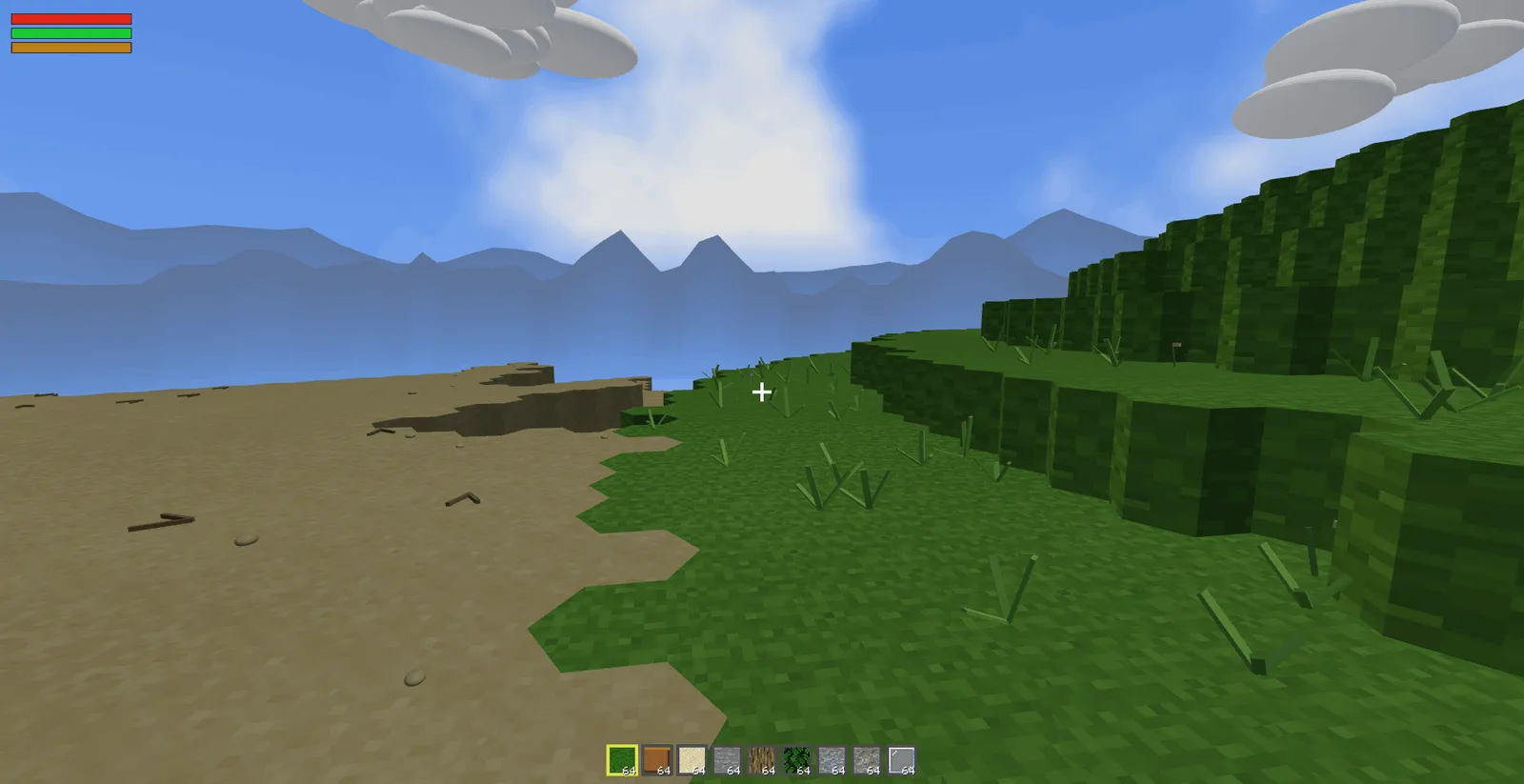 A grass and sand biome boundary, with ground scatter and drifting clouds behind it