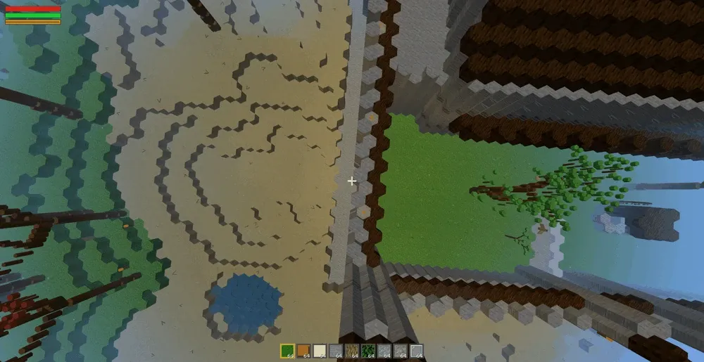 Overhead view of HexaCraft terrain. Hexagonal tiles form a pond, contoured sand and a castle wall.