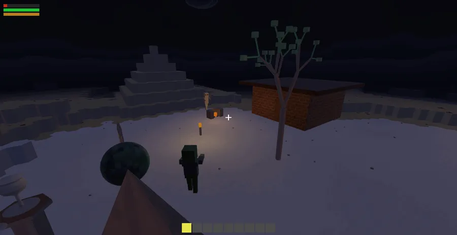 A night scene in which a torch and a fireplace light the snow around them