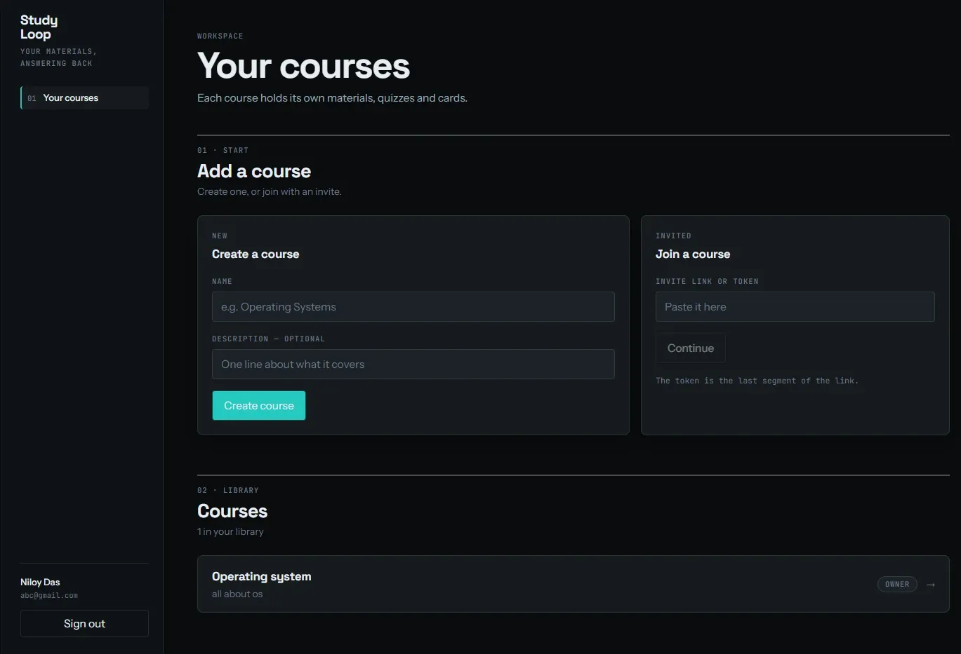 StudyLoop’s course workspace, with forms to create or join a course and a library listing one course.