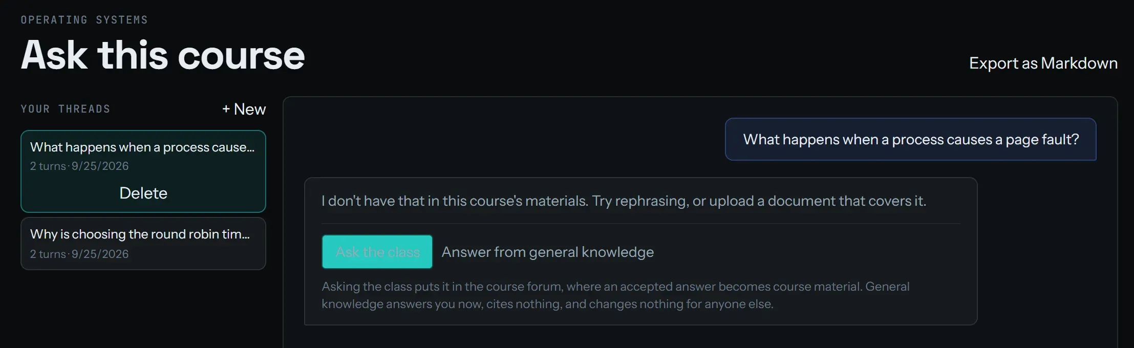StudyLoop answering “What happens when a process causes a page fault?” with “I don’t have that in this course’s materials”, followed by buttons to ask the class or answer from general knowledge.
