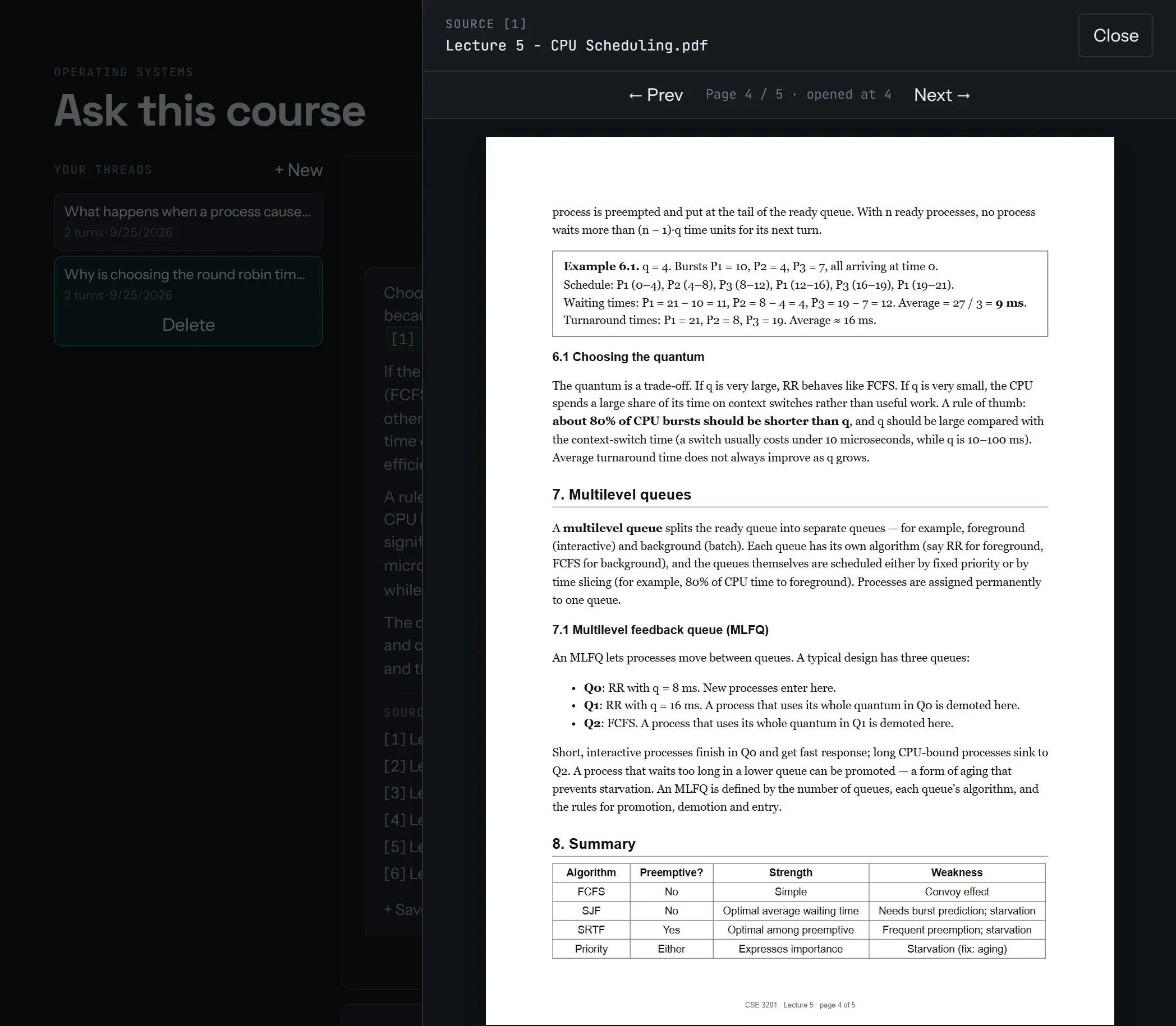 A side panel labelled “Source [1]” over the Ask view, showing page 4 of 5 of the lecture PDF, with the section “6.1 Choosing the quantum” visible.